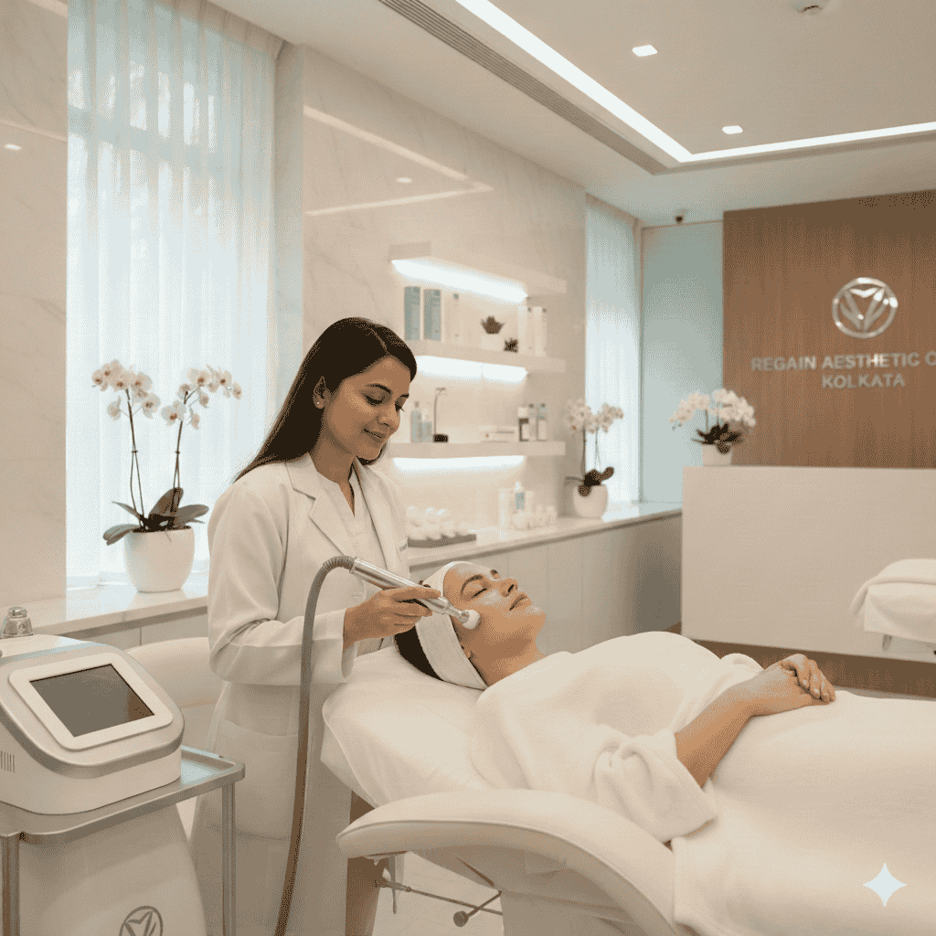 Best microdermabrasion treatment in Kolkata at Regain Aesthetic Clinic, showing a dermatologist performing a gentle skin exfoliation treatment.